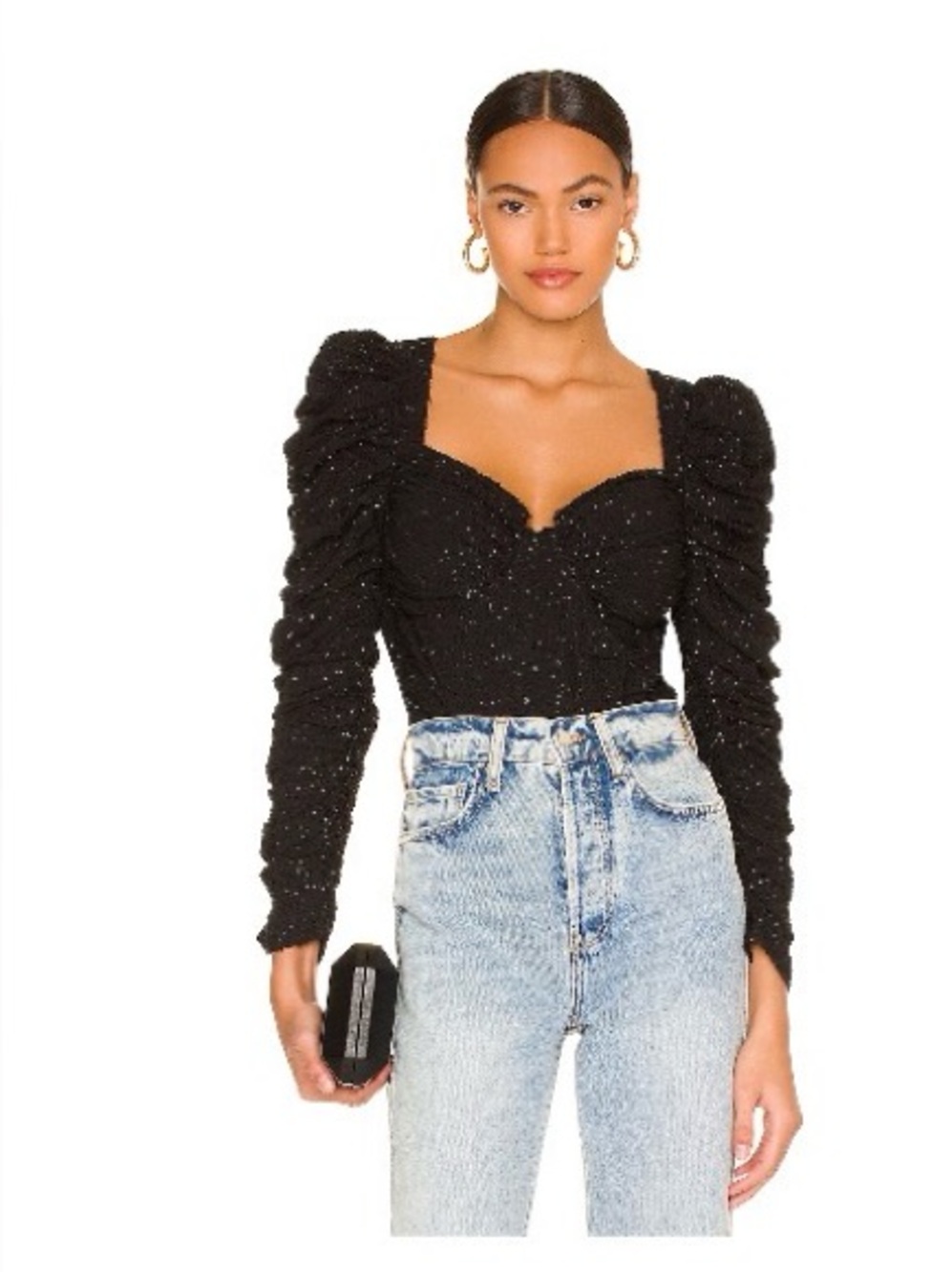 ASTR the Label Black Sweetheart Puff-Sleeve Sparkle Top